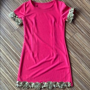 Hot pink dress with gold flowers!